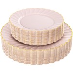 YOUBET 60PCS Pink Scalloped Plastic Plates - Hard Pink and Gold Fancy Disposable Plates include 30 Gold Dinner Plate, 30 Dessert Plate for Party & Wedding & Baby Shower