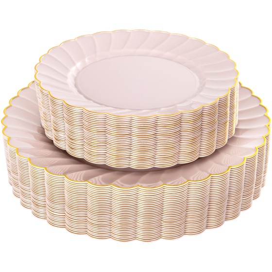 YOUBET 60PCS Pink Scalloped Plastic Plates - Hard Pink and Gold Fancy Disposable Plates include 30 Gold Dinner Plate, 30 Dessert Plate for Party & Wedding & Baby Shower