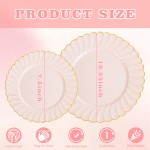 YOUBET 60PCS Pink Scalloped Plastic Plates - Hard Pink and Gold Fancy Disposable Plates include 30 Gold Dinner Plate, 30 Dessert Plate for Party & Wedding & Baby Shower