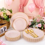 YOUBET 60PCS Pink Scalloped Plastic Plates - Hard Pink and Gold Fancy Disposable Plates include 30 Gold Dinner Plate, 30 Dessert Plate for Party & Wedding & Baby Shower