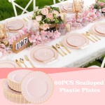 YOUBET 60PCS Pink Scalloped Plastic Plates - Hard Pink and Gold Fancy Disposable Plates include 30 Gold Dinner Plate, 30 Dessert Plate for Party & Wedding & Baby Shower