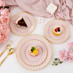 YOUBET 60PCS Pink Scalloped Plastic Plates - Hard Pink and Gold Fancy Disposable Plates include 30 Gold Dinner Plate, 30 Dessert Plate for Party & Wedding & Baby Shower