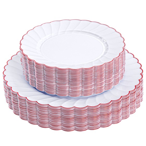 YOUBET 60PCS Red Scalloped Plastic Plates - Heavy Duty White and Red Rim Disposable Plates include 30 Hard Dinner Plate, 30 Dessert Plate for Party & Wedding