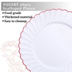 YOUBET 60PCS Red Scalloped Plastic Plates - Heavy Duty White and Red Rim Disposable Plates include 30 Hard Dinner Plate, 30 Dessert Plate for Party & Wedding