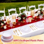 YOUBET 60PCS Red Scalloped Plastic Plates - Heavy Duty White and Red Rim Disposable Plates include 30 Hard Dinner Plate, 30 Dessert Plate for Party & Wedding