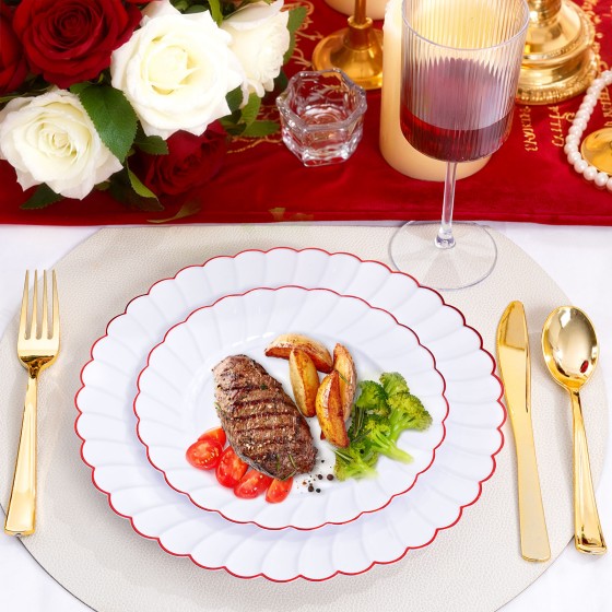 YOUBET 60PCS Red Scalloped Plastic Plates - Heavy Duty White and Red Rim Disposable Plates include 30 Hard Dinner Plate, 30 Dessert Plate for Party & Wedding