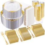 700PCS Clear Gold Plastic Plates - Elegant Gold Plastic Dinnerware Set Include 200 Disposable Plates, 300 Heavy Duty Silverware, 100 Cups, 100 Napkins for Wedding Party
