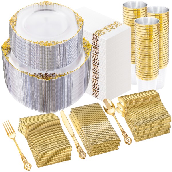 700PCS Clear Gold Plastic Plates - Elegant Gold Plastic Dinnerware Set Include 200 Disposable Plates, 300 Heavy Duty Silverware, 100 Cups, 100 Napkins for Wedding Party
