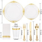 700PCS Clear Gold Plastic Plates - Elegant Gold Plastic Dinnerware Set Include 200 Disposable Plates, 300 Heavy Duty Silverware, 100 Cups, 100 Napkins for Wedding Party