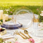 700PCS Clear Gold Plastic Plates - Elegant Gold Plastic Dinnerware Set Include 200 Disposable Plates, 300 Heavy Duty Silverware, 100 Cups, 100 Napkins for Wedding Party