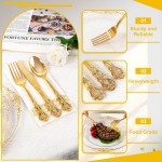 700PCS Clear Gold Plastic Plates - Elegant Gold Plastic Dinnerware Set Include 200 Disposable Plates, 300 Heavy Duty Silverware, 100 Cups, 100 Napkins for Wedding Party