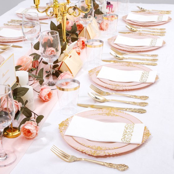700PCS Pink Plastic Plates - Pink and Gold Plates - Luxury Pinks Dinnerware Set Include 200 Disposable Plates, 300 Heavy Duty Silverware, 100 Cups, 100 Napkins for Wedding Party Mothers Day