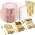 700PCS Pink Plastic Plates - Pink and Gold Plates - Luxury Pinks Dinnerware Set Include 200 Disposable Plates, 300 Heavy Duty Silverware, 100 Cups, 100 Napkins for Wedding Party Mothers Day