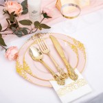 700PCS Pink Plastic Plates - Pink and Gold Plates - Luxury Pinks Dinnerware Set Include 200 Disposable Plates, 300 Heavy Duty Silverware, 100 Cups, 100 Napkins for Wedding Party Mothers Day