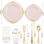 700PCS Pink Plastic Plates - Pink and Gold Plates - Luxury Pinks Dinnerware Set Include 200 Disposable Plates, 300 Heavy Duty Silverware, 100 Cups, 100 Napkins for Wedding Party Mothers Day