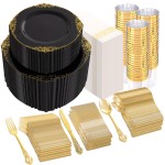 700PCS Black Plastic Plates - Black and Gold Plates - Gold Plastic Dinnerware Set Include 200 Disposable Plate, 300 Heavy Duty Silverware, 100 Cups, 100 Napkins for Wedding & Party