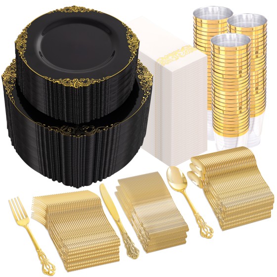 700PCS Black Plastic Plates - Black and Gold Plates - Gold Plastic Dinnerware Set Include 200 Disposable Plate, 300 Heavy Duty Silverware, 100 Cups, 100 Napkins for Wedding & Party