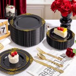700PCS Black Plastic Plates - Black and Gold Plates - Gold Plastic Dinnerware Set Include 200 Disposable Plate, 300 Heavy Duty Silverware, 100 Cups, 100 Napkins for Wedding & Party