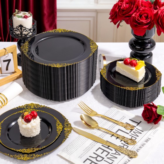 700PCS Black Plastic Plates - Black and Gold Plates - Gold Plastic Dinnerware Set Include 200 Disposable Plate, 300 Heavy Duty Silverware, 100 Cups, 100 Napkins for Wedding & Party