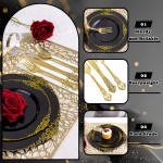 700PCS Black Plastic Plates - Black and Gold Plates - Gold Plastic Dinnerware Set Include 200 Disposable Plate, 300 Heavy Duty Silverware, 100 Cups, 100 Napkins for Wedding & Party