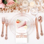 700PCS Rose Gold Plastic Plates - Clear Rose Gold Plastic Dinnerware Set Include 200 Disposable Plate, 300 Heavy Duty Silverware, 100 Cups, 100 Napkins for Wedding & Party & Baby Shower