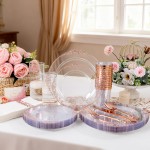 700PCS Rose Gold Plastic Plates - Clear Rose Gold Plastic Dinnerware Set Include 200 Disposable Plate, 300 Heavy Duty Silverware, 100 Cups, 100 Napkins for Wedding & Party & Baby Shower