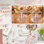 700PCS Rose Gold Plastic Plates - Clear Rose Gold Plastic Dinnerware Set Include 200 Disposable Plate, 300 Heavy Duty Silverware, 100 Cups, 100 Napkins for Wedding & Party & Baby Shower