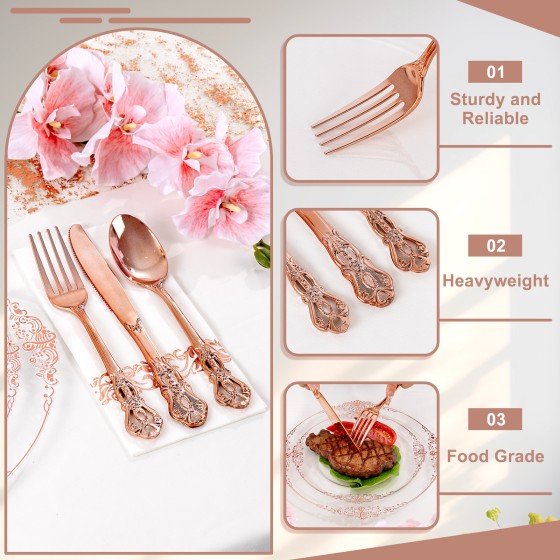 700PCS Rose Gold Plastic Plates - Clear Rose Gold Plastic Dinnerware Set Include 200 Disposable Plate, 300 Heavy Duty Silverware, 100 Cups, 100 Napkins for Wedding & Party & Baby Shower