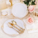 700PCS Gold Plastic Dinnerware Set - White and Gold Disposable Plates for 100 Guest - 200 Disposable Plates, 300 Heavy Duty Plastic Silverware, 100 Cups,100 Napkins for Wedding