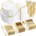700PCS Gold Plastic Dinnerware Set - White and Gold Disposable Plates for 100 Guest - 200 Disposable Plates, 300 Heavy Duty Plastic Silverware, 100 Cups,100 Napkins for Wedding