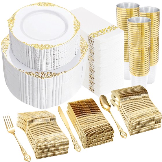 700PCS Gold Plastic Dinnerware Set - White and Gold Disposable Plates for 100 Guest - 200 Disposable Plates, 300 Heavy Duty Plastic Silverware, 100 Cups,100 Napkins for Wedding