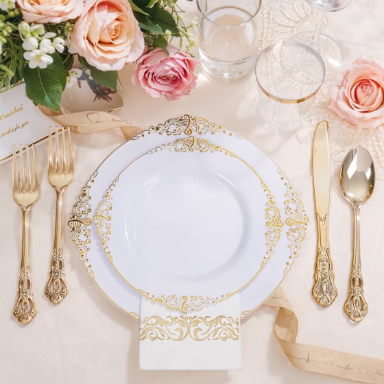 700PCS Gold Plastic Dinnerware Set - White and Gold Disposable Plates for 100 Guest - 200 Disposable Plates, 300 Heavy Duty Plastic Silverware, 100 Cups,100 Napkins for Wedding