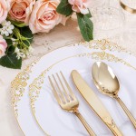700PCS Gold Plastic Dinnerware Set - White and Gold Disposable Plates for 100 Guest - 200 Disposable Plates, 300 Heavy Duty Plastic Silverware, 100 Cups,100 Napkins for Wedding