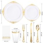 700PCS Gold Plastic Dinnerware Set - White and Gold Disposable Plates for 100 Guest - 200 Disposable Plates, 300 Heavy Duty Plastic Silverware, 100 Cups,100 Napkins for Wedding