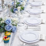 700PCS Silver Plastic Plates - White and Silver Disposable Plates - Silvery Plastic Dinnerware Set - Include 200 Plates, 300 Heavy Duty Silverware, 100 Cups and 100 Napkins for Wedding & Party