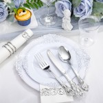 700PCS Silver Plastic Plates - White and Silver Disposable Plates - Silvery Plastic Dinnerware Set - Include 200 Plates, 300 Heavy Duty Silverware, 100 Cups and 100 Napkins for Wedding & Party