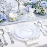 700PCS Silver Plastic Plates - White and Silver Disposable Plates - Silvery Plastic Dinnerware Set - Include 200 Plates, 300 Heavy Duty Silverware, 100 Cups and 100 Napkins for Wedding & Party
