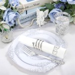 700PCS Silver Plastic Plates - White and Silver Disposable Plates - Silvery Plastic Dinnerware Set - Include 200 Plates, 300 Heavy Duty Silverware, 100 Cups and 100 Napkins for Wedding & Party