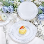 700PCS Silver Plastic Plates - White and Silver Disposable Plates - Silvery Plastic Dinnerware Set - Include 200 Plates, 300 Heavy Duty Silverware, 100 Cups and 100 Napkins for Wedding & Party