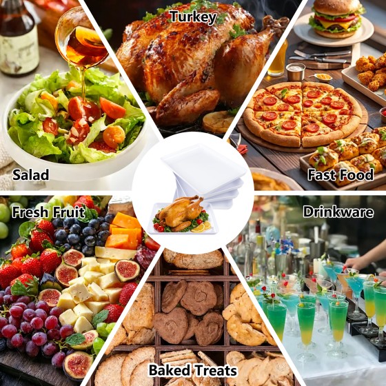 YOUBET 4 Pack Plastic Serving Trays - 10" x 14" White Trays for Serving Food - Super Strong Disposable Platters, Heavy Duty Plastic Trays for BBQ, Picnic, Party, Wedding