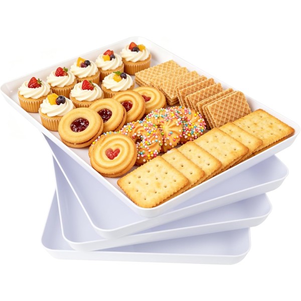 YOUBET 4 Pack Plastic Serving Trays - 10" x 14" White Trays for Serving Food - Super Strong Disposable Platters, Heavy Duty Plastic Trays for BBQ, Picnic, Party, Wedding