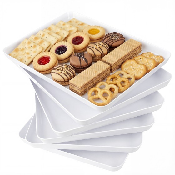 YOUBET 6 Pack Plastic Serving Trays - 10" x 14" White Trays for Serving Food - Super Strong Disposable Platters, Heavy Duty Plastic Trays for BBQ, Picnic, Party, Wedding