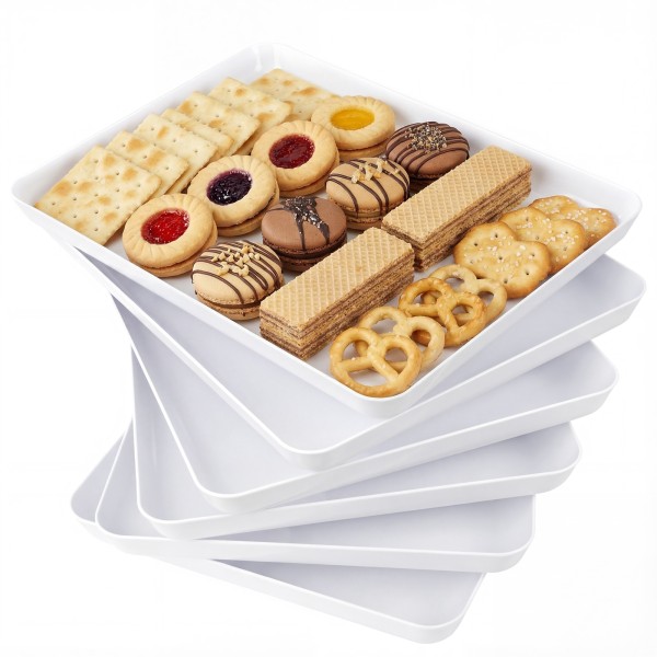 YOUBET 6 Pack Plastic Serving Trays - 10" x 14" White Trays for Serving Food - Super Strong Disposable Platters, Heavy Duty Plastic Trays for BBQ, Picnic, Party, Wedding