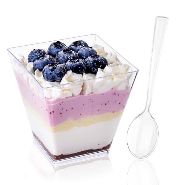 YOUBET 102 PCS Plastic Dessert Cups - 8oz Clear Square Cups - 51 Pack Mini Appetizer Cup with Tasting Spoons for Pudding, Fruit, Yogurt Parfait and Ice Cream