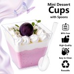 YOUBET 102 PCS Plastic Dessert Cups - 8oz Clear Square Cups - 51 Pack Mini Appetizer Cup with Tasting Spoons for Pudding, Fruit, Yogurt Parfait and Ice Cream