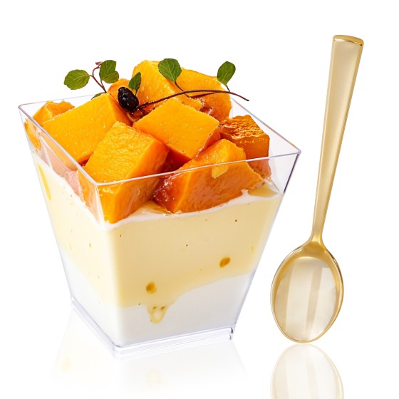 YOUBET 102PCS Clear Plastic Dessert Cups With Gold Plastic Spoons - 8oz Dessert Bowls - 51Disposable Square Plastics Cups & 51Gold Spoons Perfect for Ice Cream, Desserts, Appetizers Weddings Party