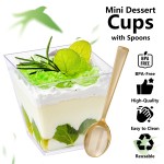 YOUBET 102PCS Clear Plastic Dessert Cups With Gold Plastic Spoons - 8oz Dessert Bowls - 51Disposable Square Plastics Cups & 51Gold Spoons Perfect for Ice Cream, Desserts, Appetizers Weddings Party