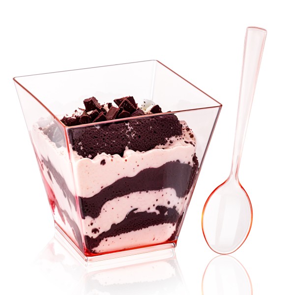 YOUBET 102 PCS Plastic Dessert Cups - 8oz Pink Clear Square Cups - 51 Pack Mini Appetizer Cup with Pink Tasting Spoons for Pudding, Fruit, Yogurt Parfait and Ice Cream