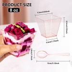 YOUBET 102 PCS Plastic Dessert Cups - 8oz Pink Clear Square Cups - 51 Pack Mini Appetizer Cup with Pink Tasting Spoons for Pudding, Fruit, Yogurt Parfait and Ice Cream