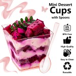 YOUBET 102 PCS Plastic Dessert Cups - 8oz Pink Clear Square Cups - 51 Pack Mini Appetizer Cup with Pink Tasting Spoons for Pudding, Fruit, Yogurt Parfait and Ice Cream